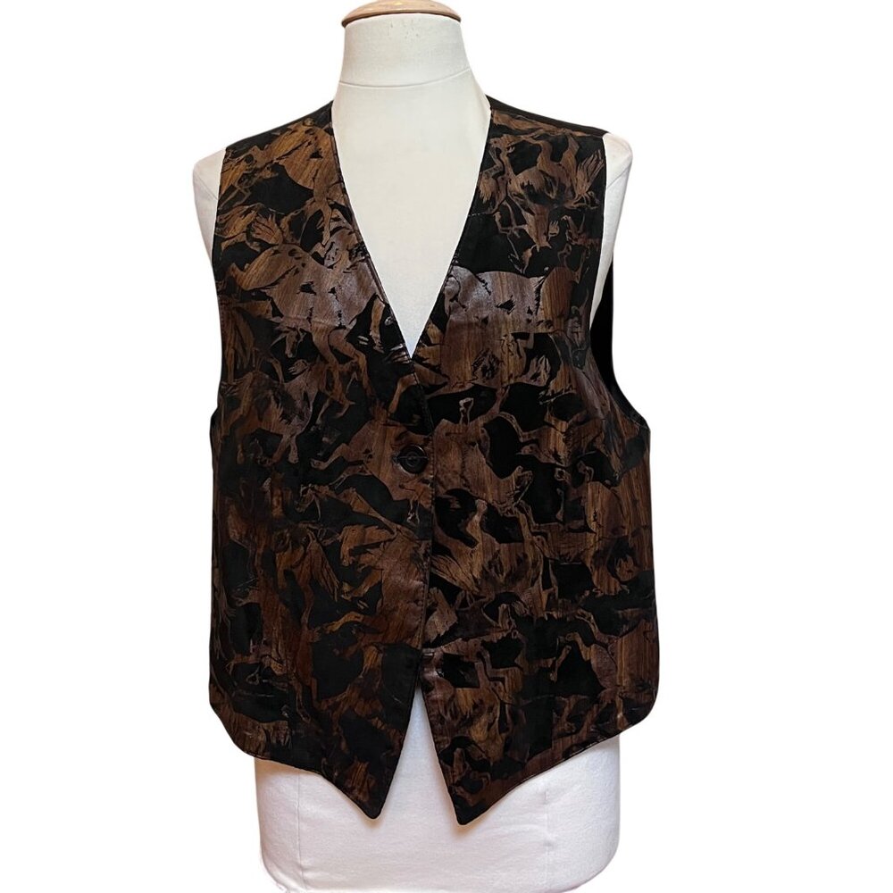 Vtg Artisan Wear Leather Burnout‎ Womens Vest Horse Western Black Brown Sz L